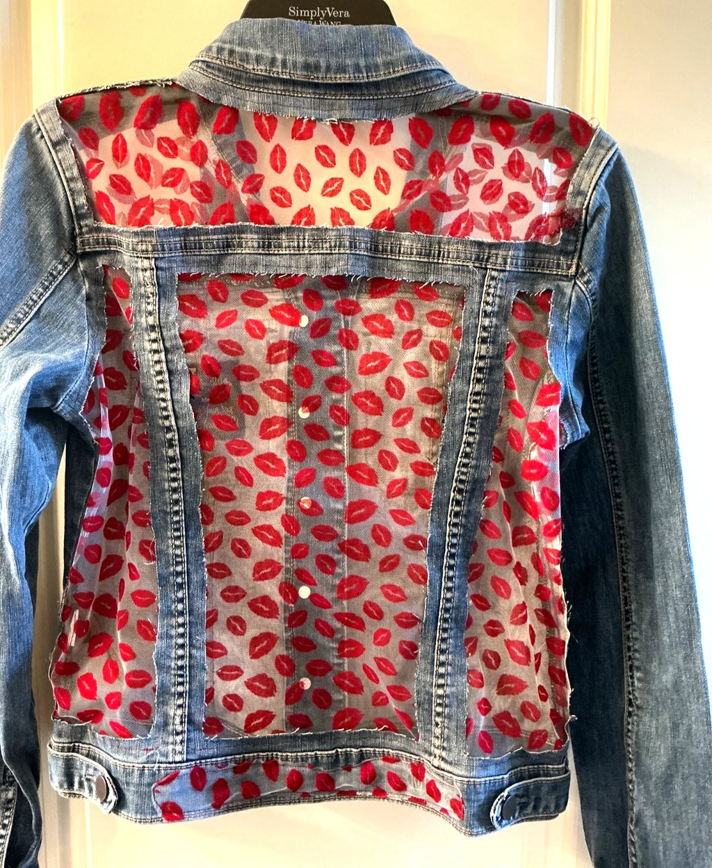 RED LIPS LACE CUT-OUTS DENIM TRUCKER JEAN JACKETS